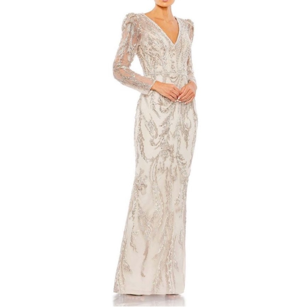 # MAC DUGGAL Embellished Puff Shoulder Long Sleeve V-Neck Evening Gown - Reemoly